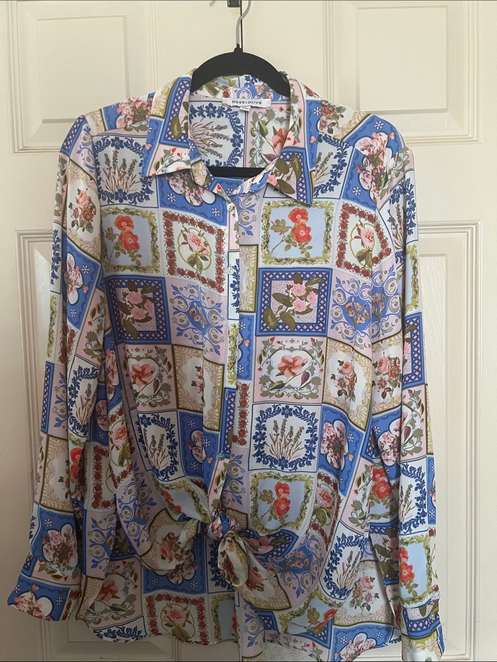 Rose & Olive Floral Patchwork Button-Down Shirt - Blue/Cream/Green-size L - Picture 10 of 10